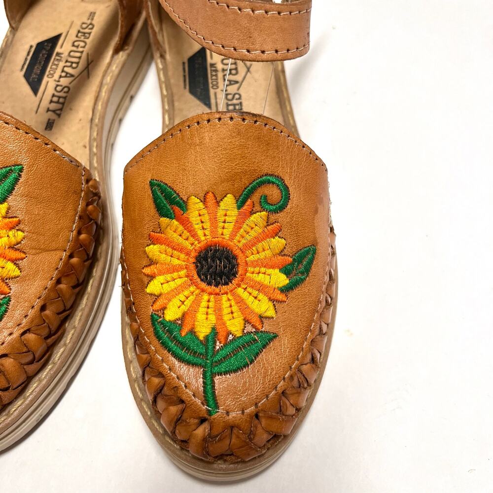 Segura Shy Sunflower Embroidered Leather Huarache Sandals Boho 6/37 Artisan - Picture 6 of 10
